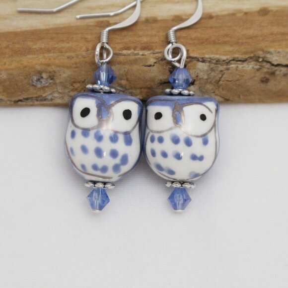 Periwinkle Blue Hand Painted Owl Earrings - Handmade & Hypoallergenic - Picture 6 of 8